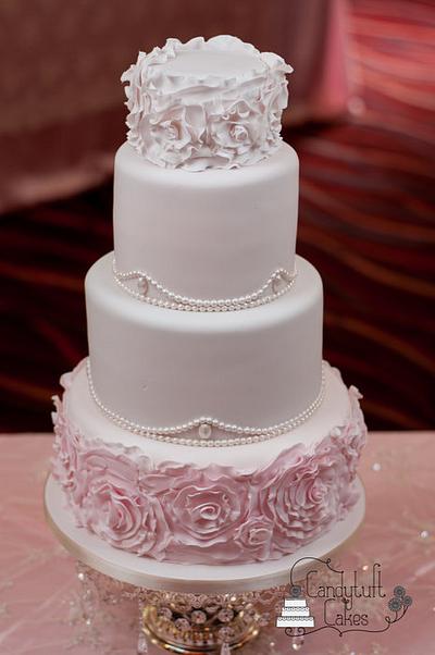 Pink ruffles and pearls wedding cake (with mini treat table) - Cake by Kathryn