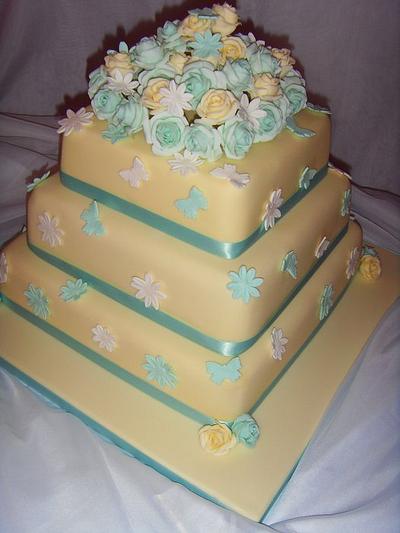 Duck Egg Blue & Cream Roses 3 Tier Wedding Cake - Cake by Christine