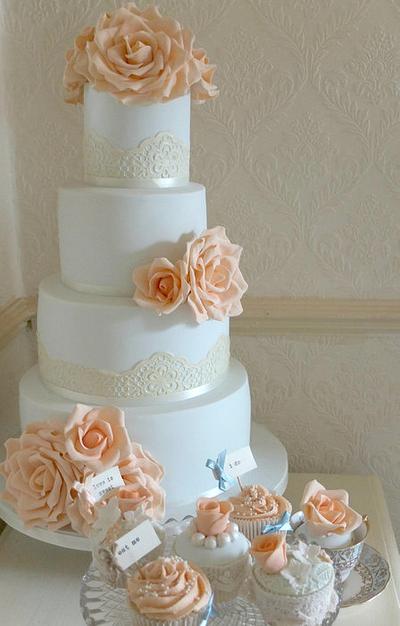 Duck egg and peach wedding cake - Cake by Paula