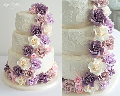 Cascading Roses & Lace Wedding Cake - Cake by Sugar Ruffles