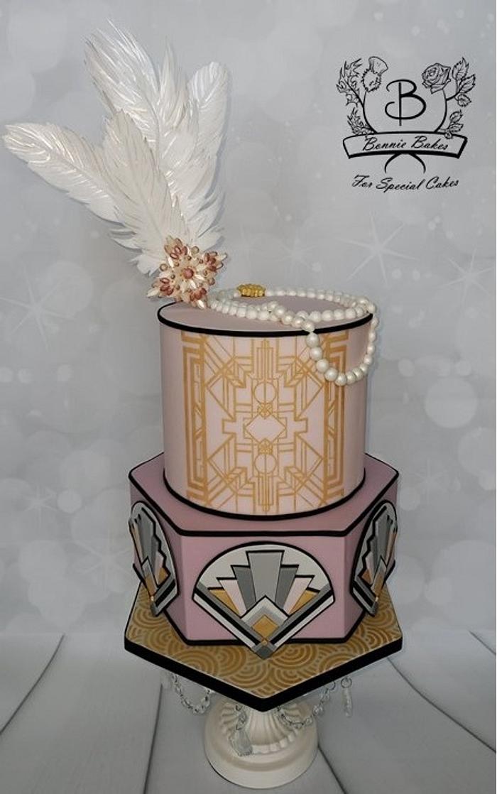 Art Deco cake with edible decoration and wafer paper feathers