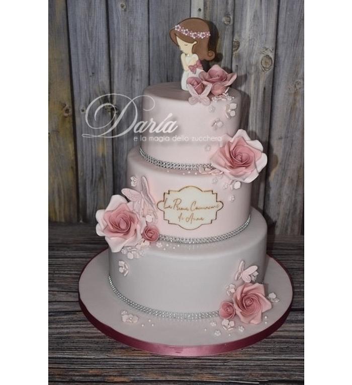 First communion cake with roses