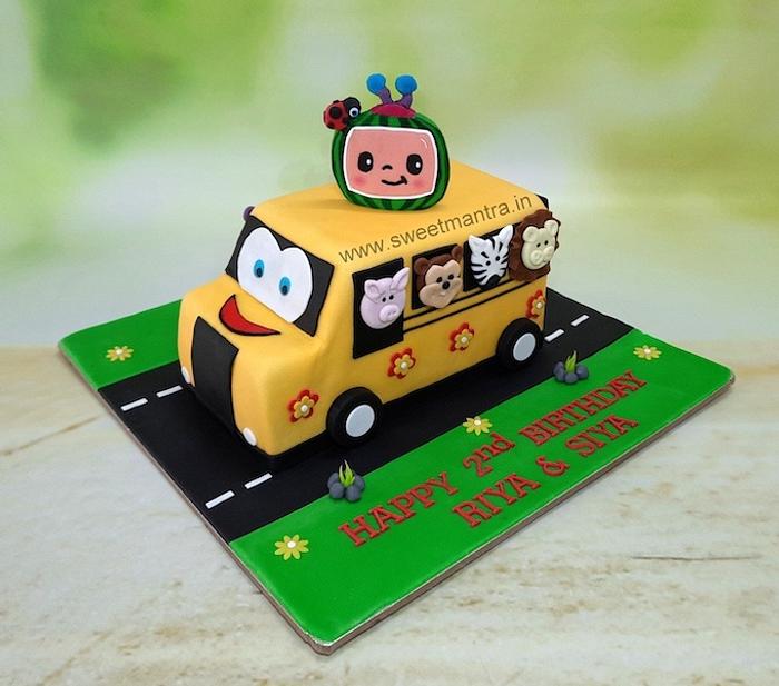 Wheels on the bus shape cake for twins birthday - - CakesDecor