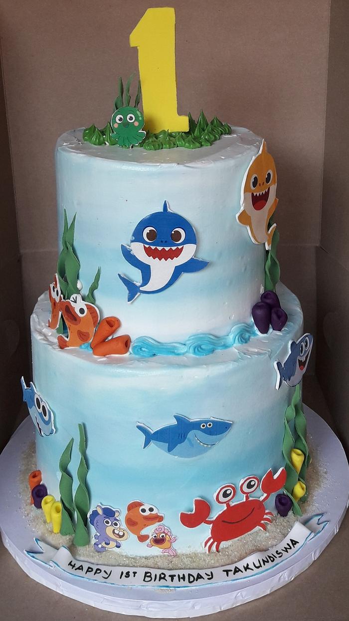 Baby Shark 2 tier birthday cake with imitation cream