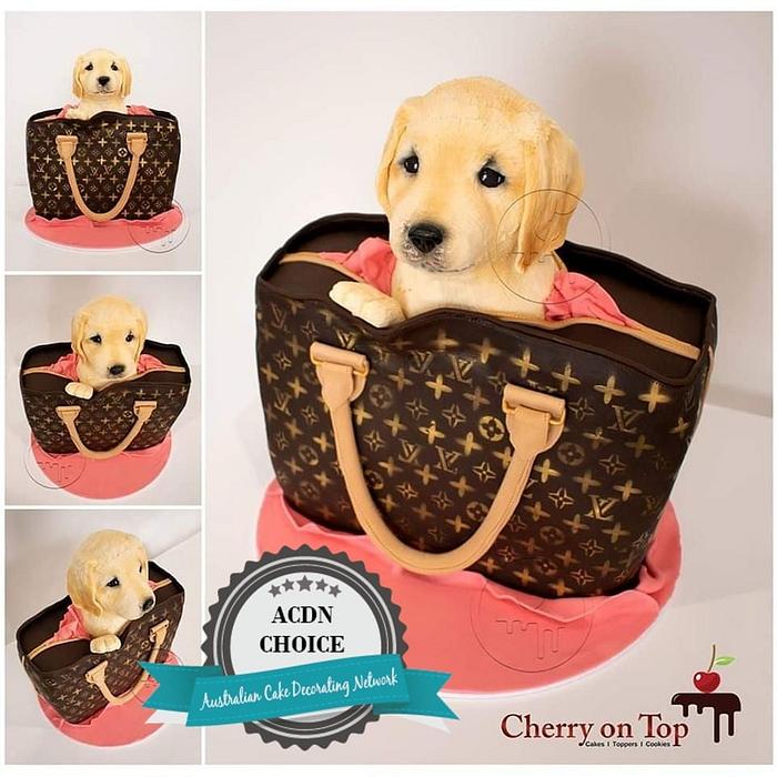 Puppy in handbag cake