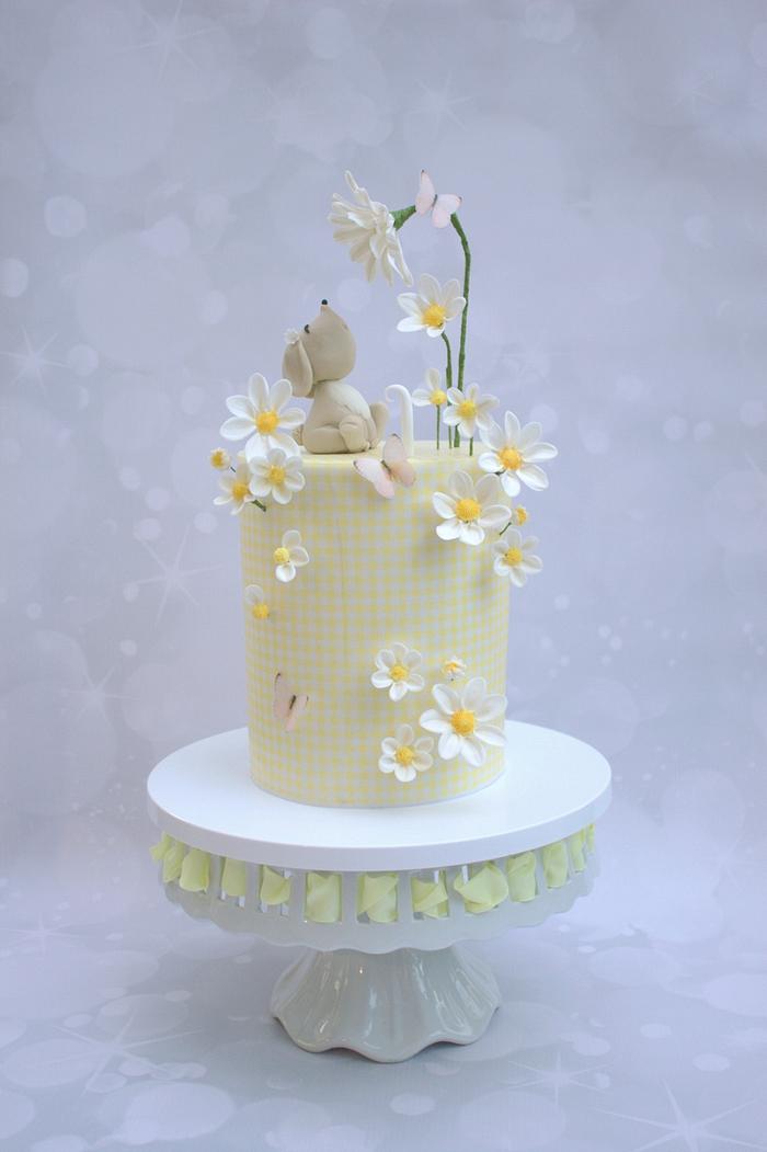Baby bunny and daisy 1st birthday cake 