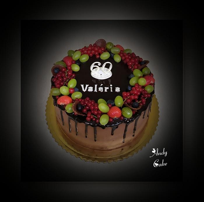 Chocolate birthday cake with fresh fruits