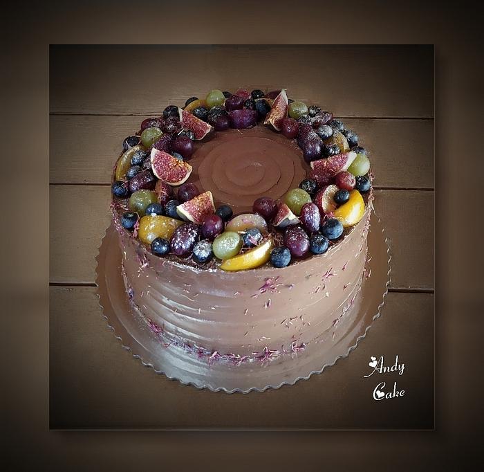 Chocolate birthday cake with fruits