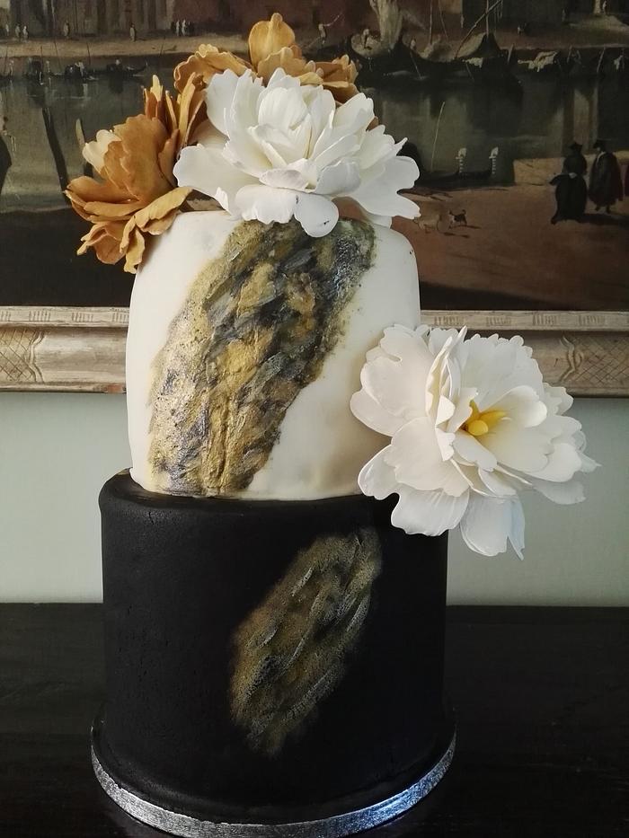 Cake black and white, peony and paint, gold dust