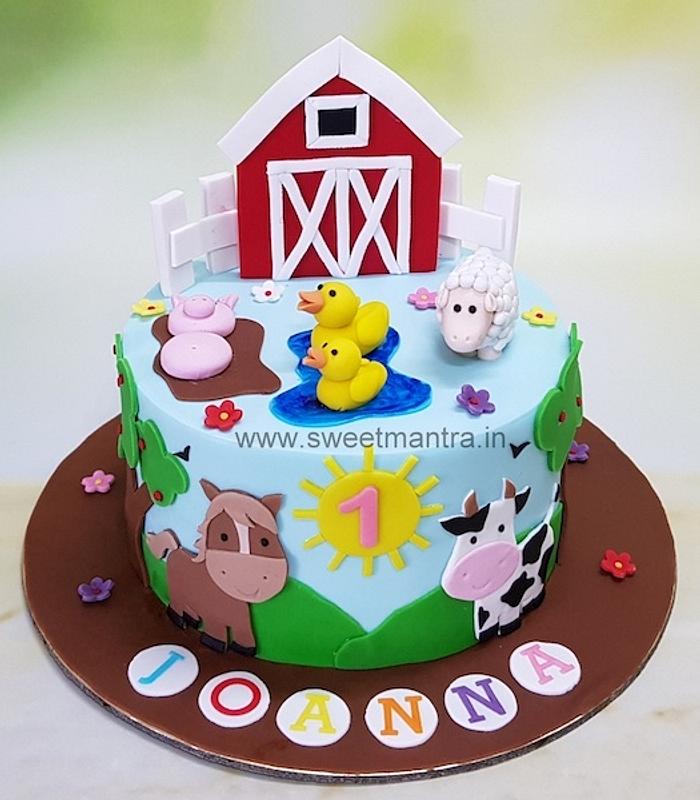 Farm Animals theme cake for girl's 1st birthday - - CakesDecor