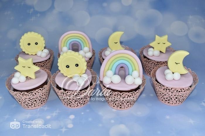 Rainbow, sun and moon cupcakes