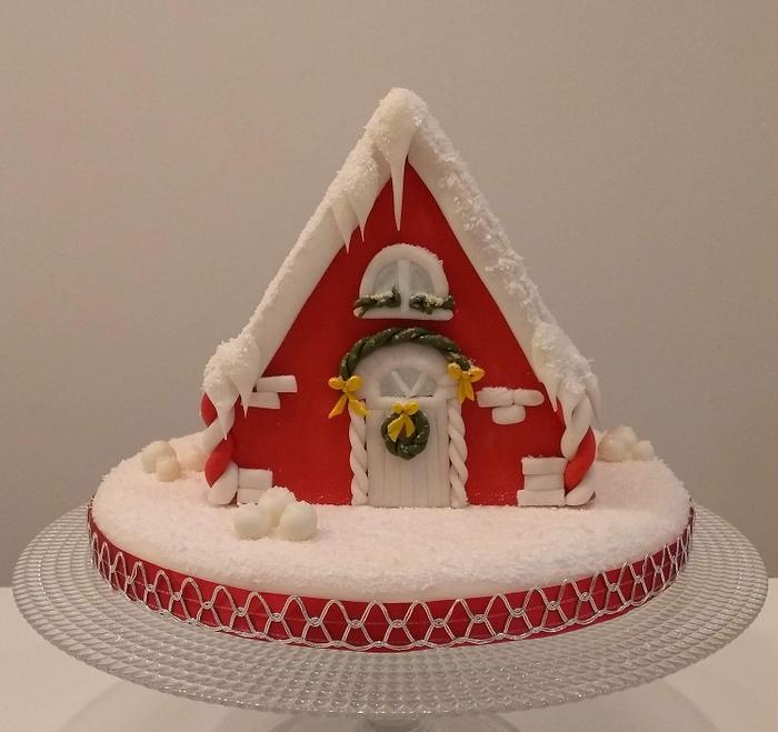 Red Christmas house cake