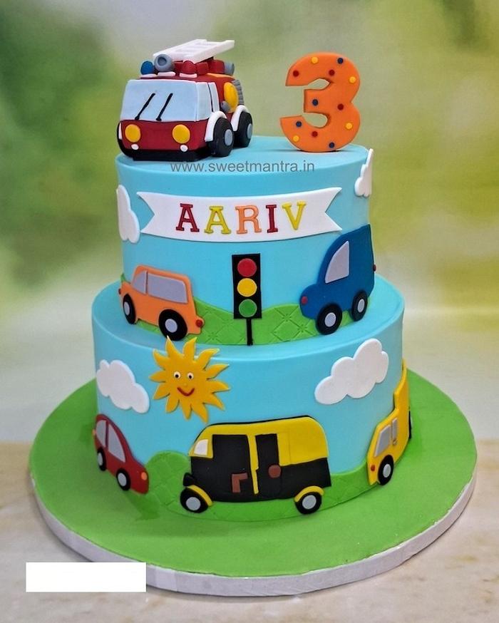 2 layer Vehicles cake with fire truck