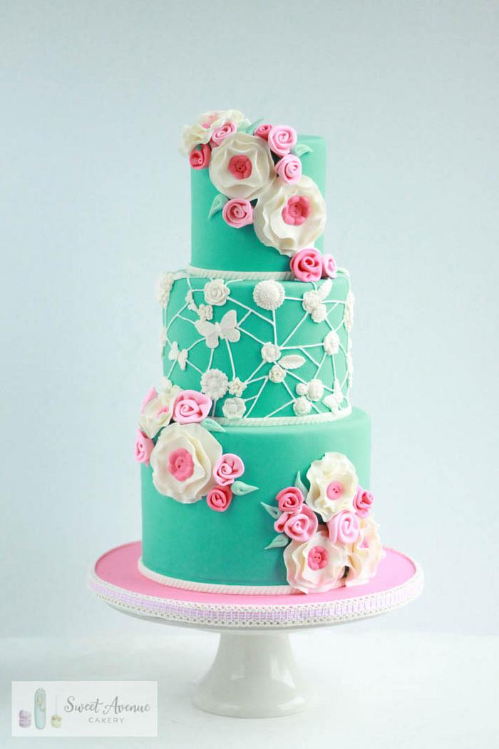 Turquoise blue and pink simple elegant girly cake - Sweet Avenue Cakery