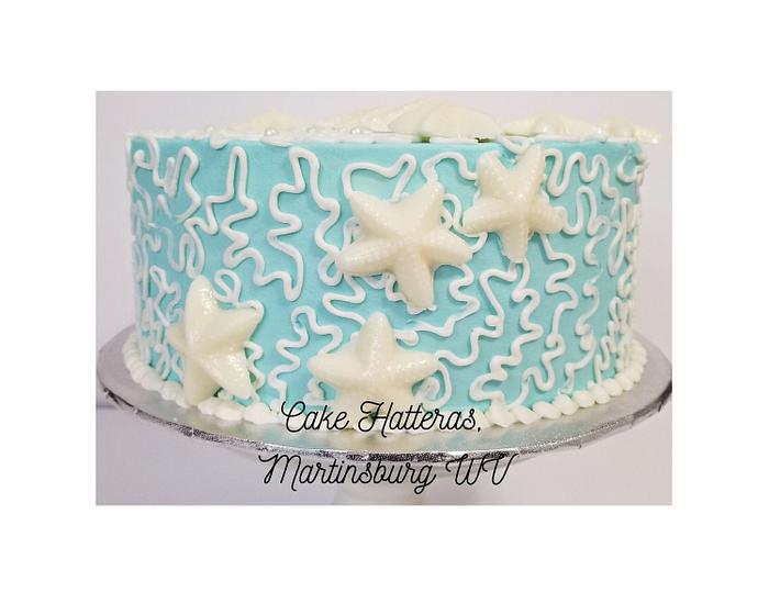Blue and White Starfish Wedding Cake