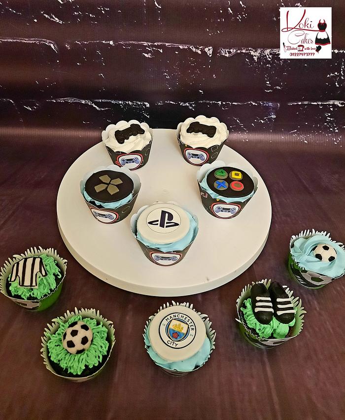 "Football & playstation cupcakes"