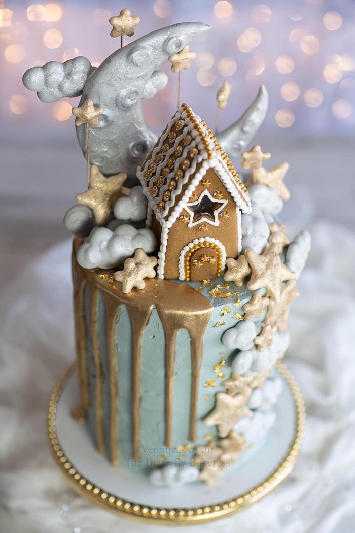Gingerbread House Drip Cake with Meringue Moon by Veronica Arthur 