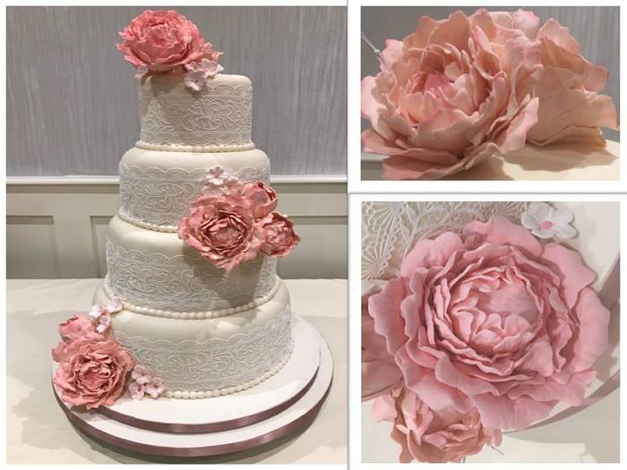 Pink Peonies, Pearls and Lace Wedding Cake