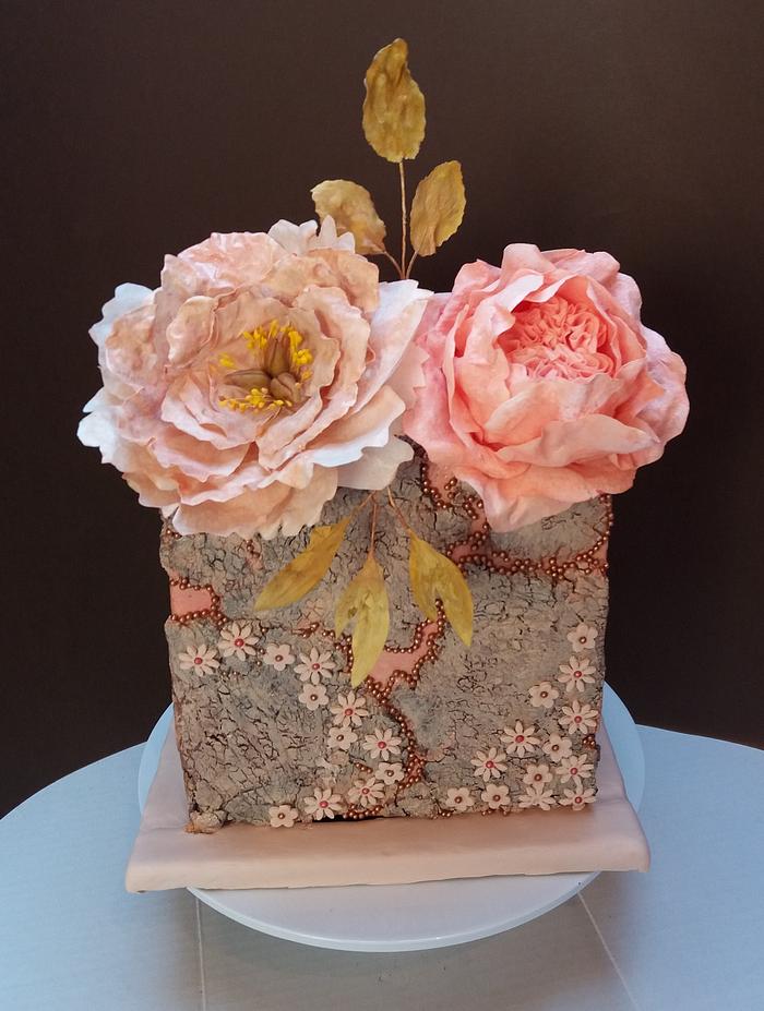 Wafer paper peony and English rose cake