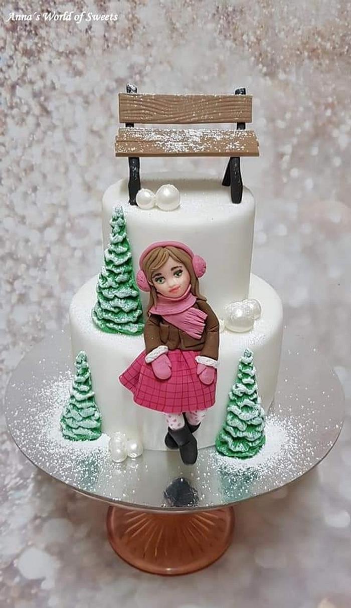 Girl in snowy park Cake 