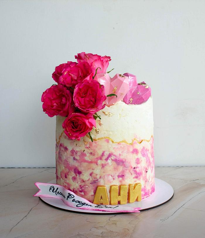 Birthday cake with roses and hearts