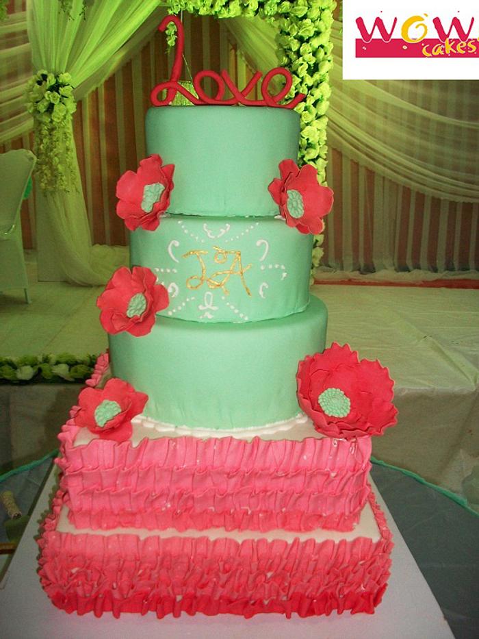 Mint Green and Coral Wedding Cake