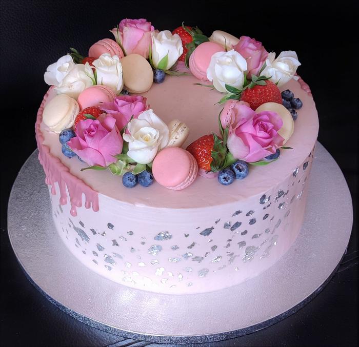 pink cake with silver