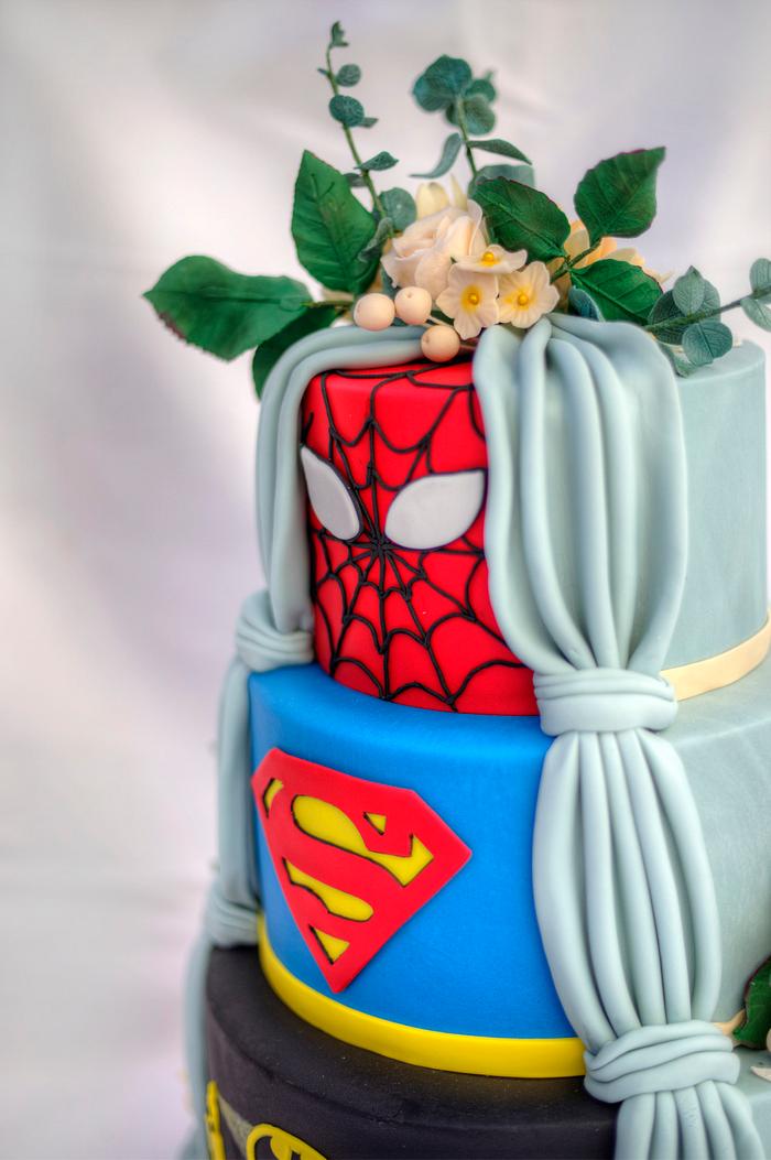 Reveal superhero wedding cake