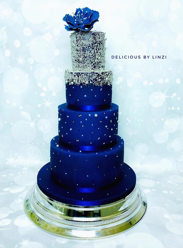 Navy and silver wedding cake 