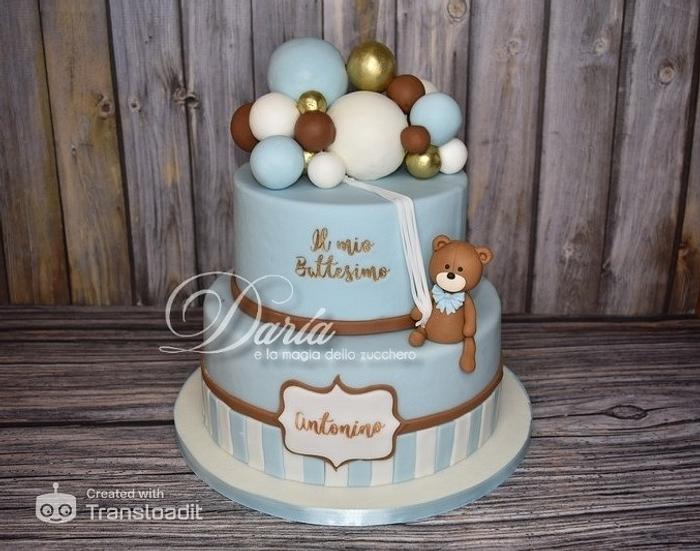 Teddy with balloons baptism cake