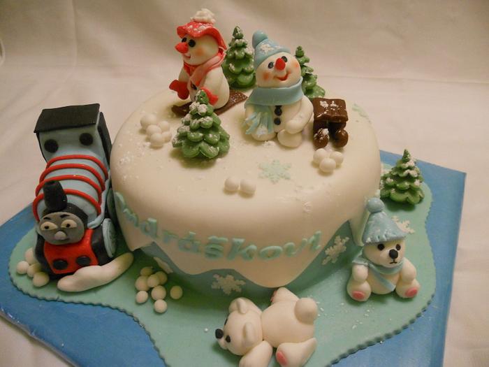 Winter cake with toy train