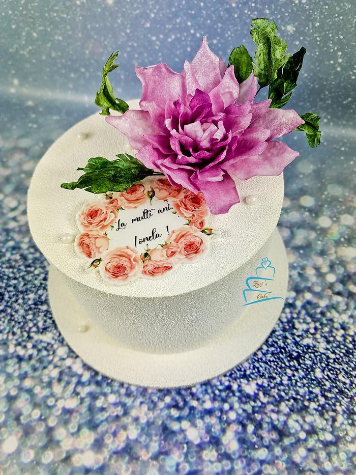 Velvet cake with handmade wafer paper flower