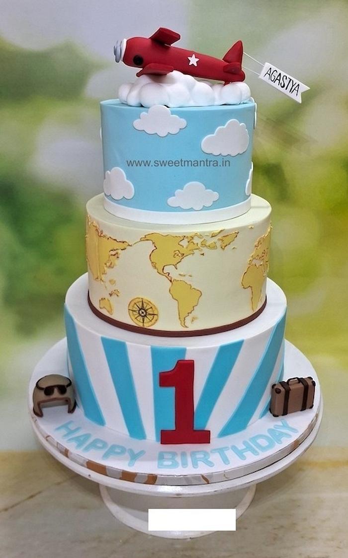 Pilot and Globe theme 3 tier cake for 1st birthday boy