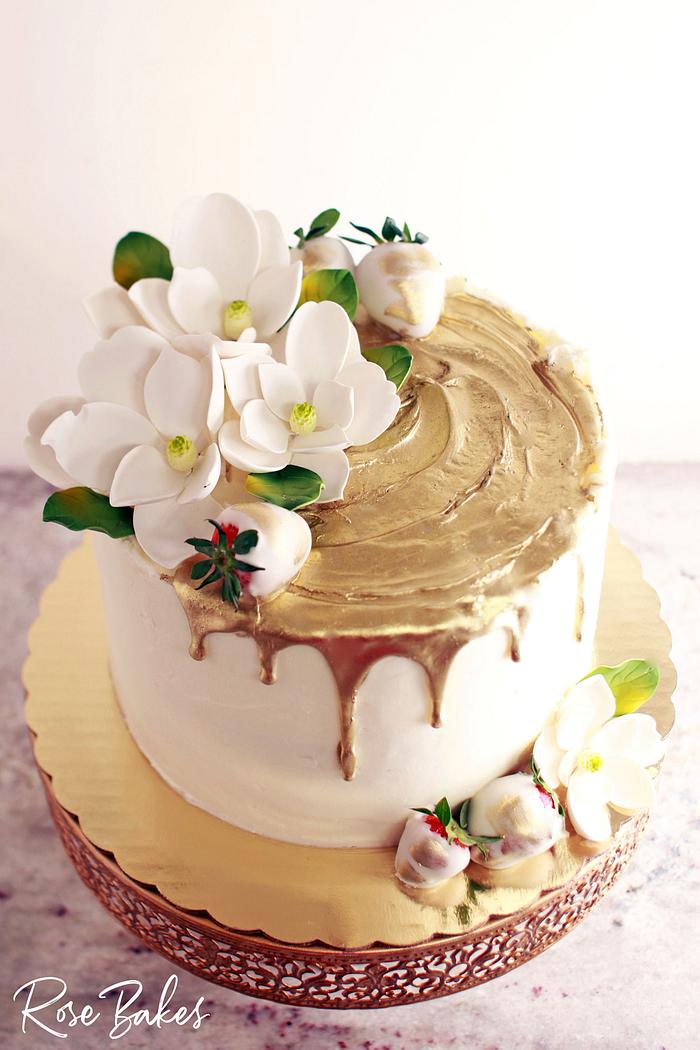 Gold Drip Cake with Gum Paste Magnolias