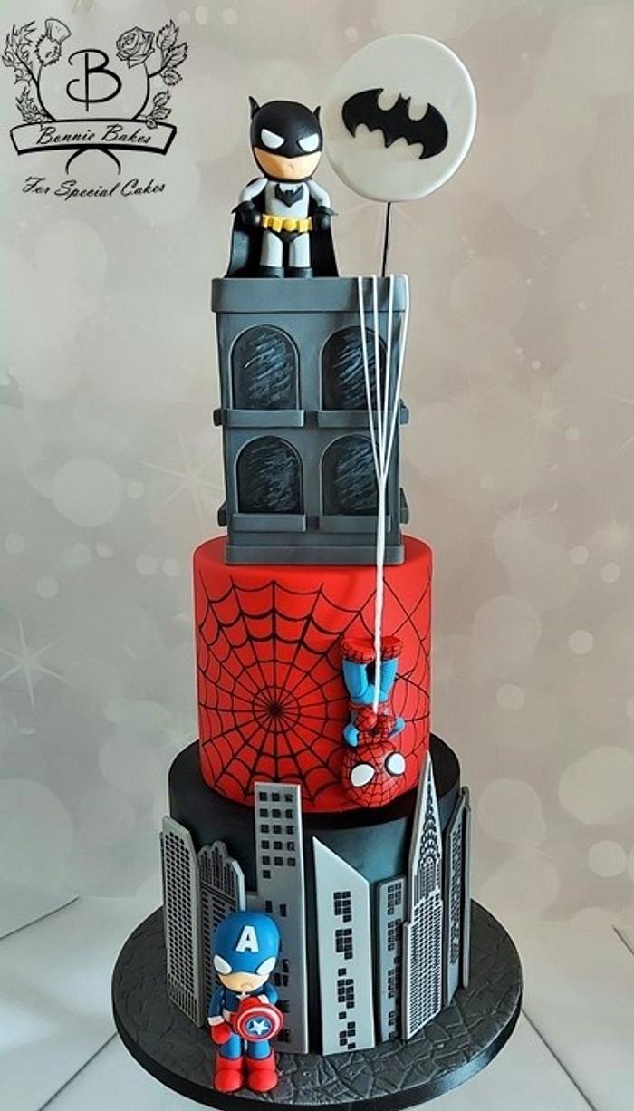Superhero tiered cake Batman Spiderman Captain America