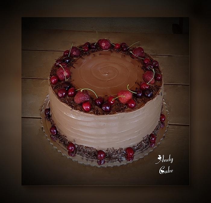 Chocolate birthday cake with fruits 