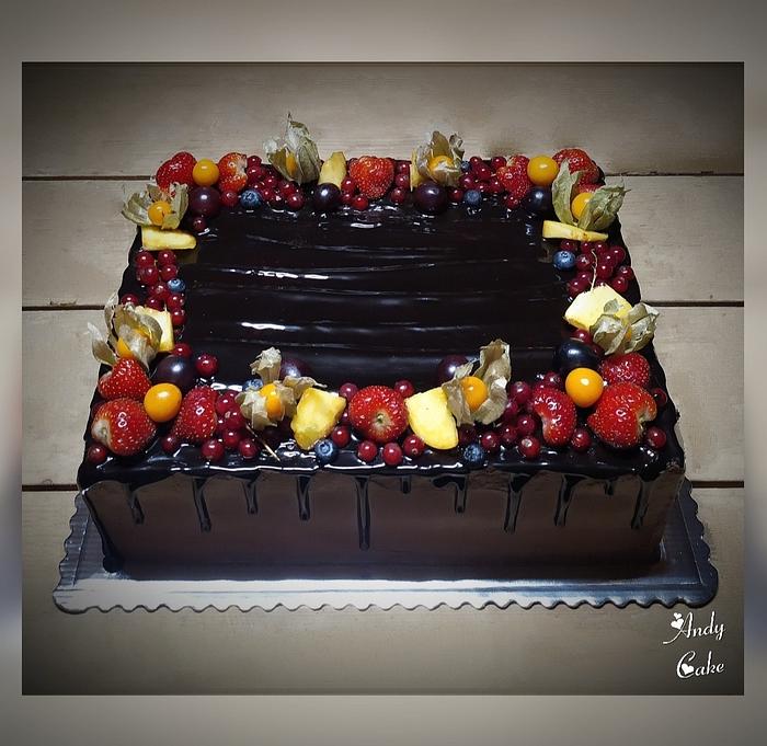 Chocolate birthday cake with fruits