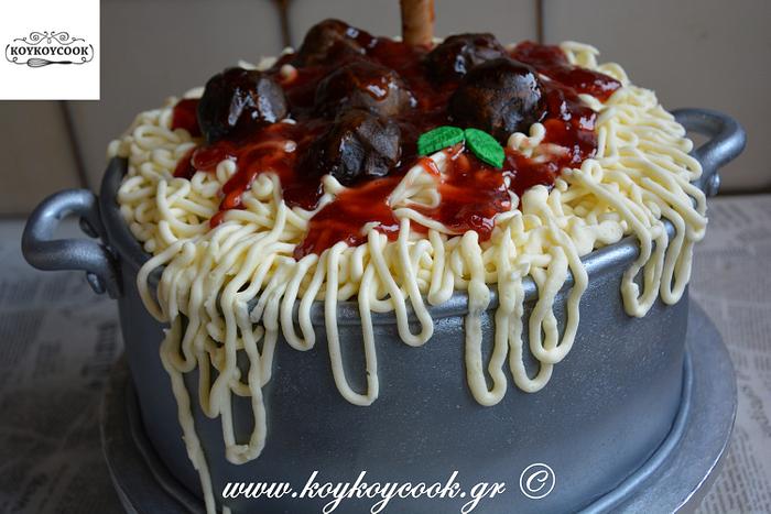 POT CAKE WITH SPAGHETTI AND MEATBALLS