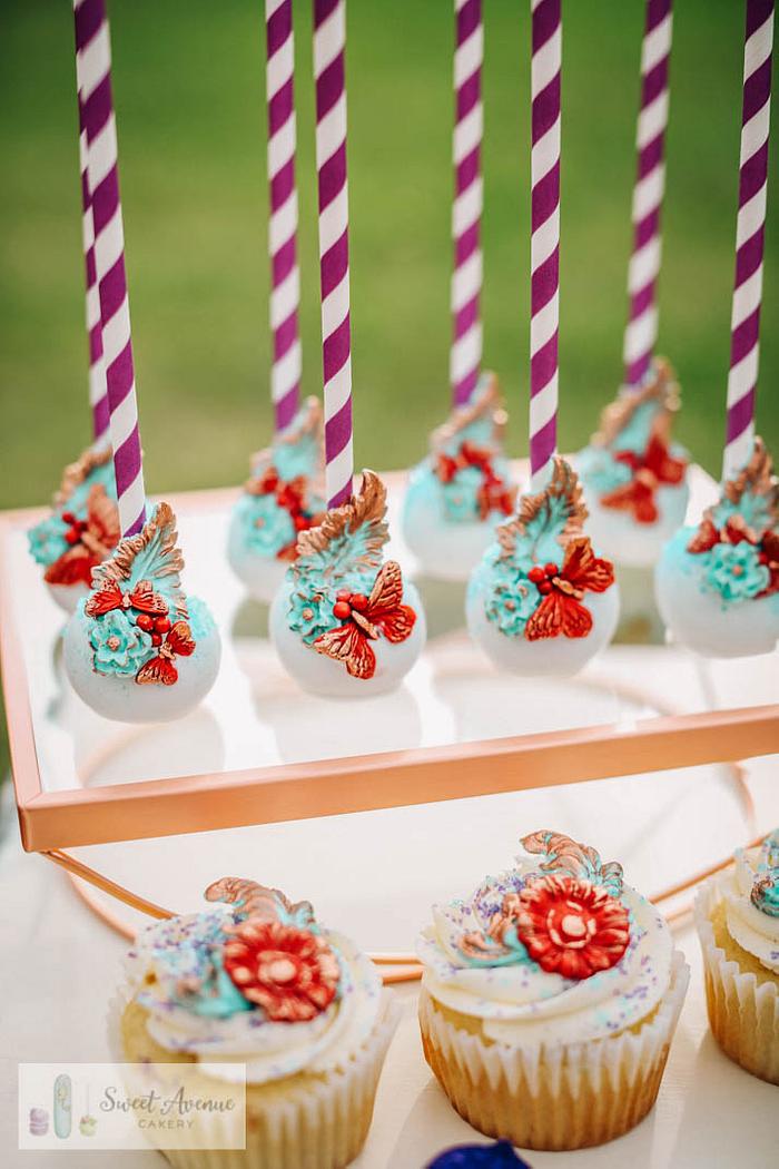Turquoise and red sweet table, vintage cake pops and cupcakes - Sweet Avenue Cakery