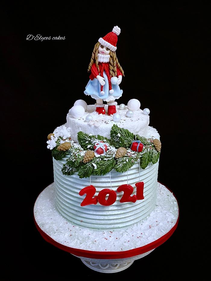 New year cake with snow girl