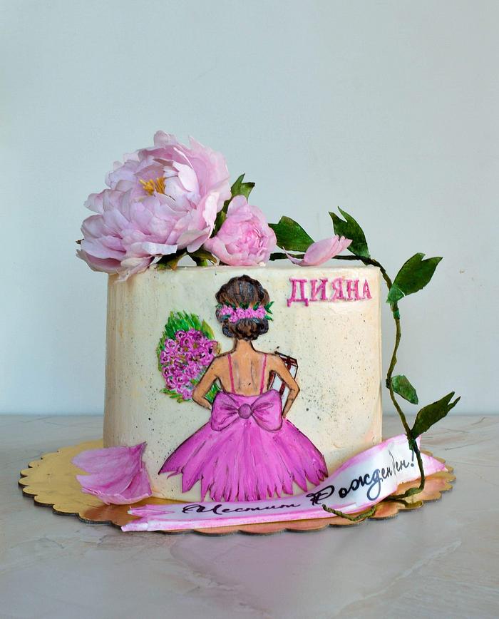 Painted cake with wafer paper peonies.