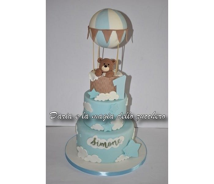 Teddy bear in hot hair balloon cake