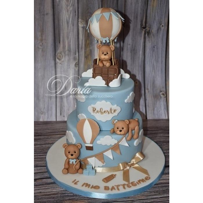 Teddy bear in hot air balloon cake
