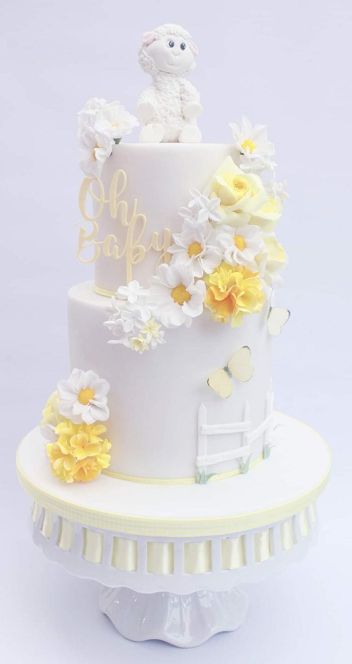 White and Yellow little Lamb baby shower cake - Decorated - CakesDecor