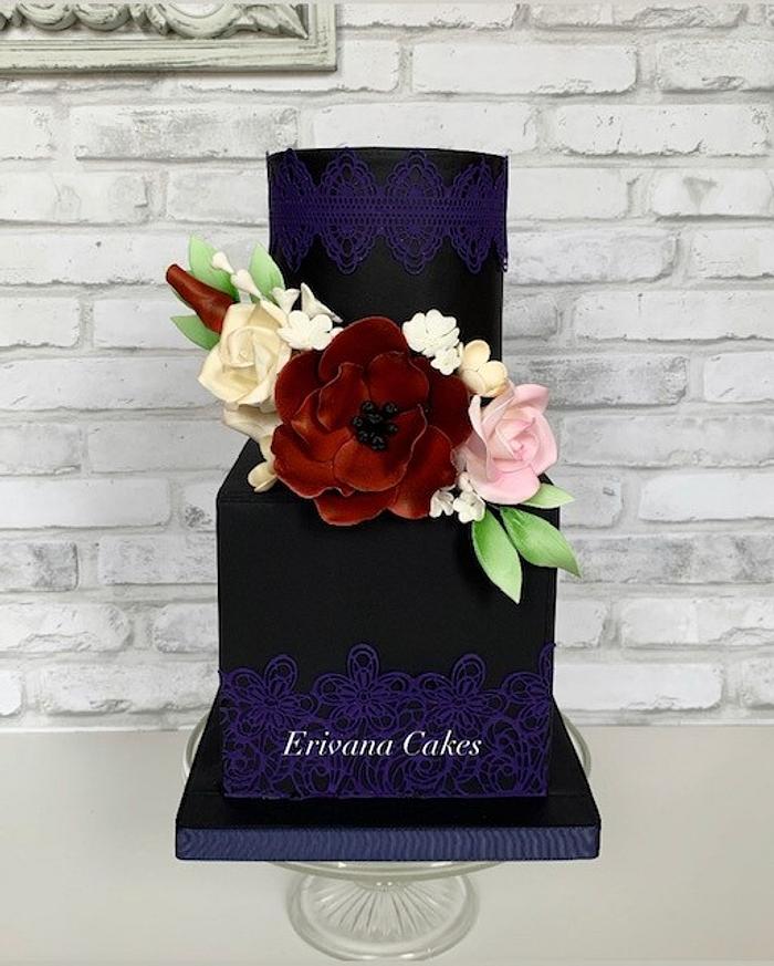 Black Cake with sugar flowers