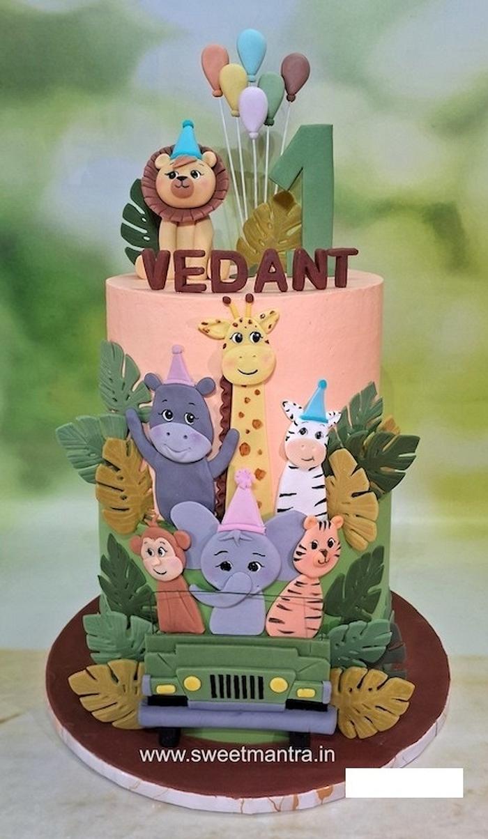 Jungle Safari 2 tier 1st birthday cake