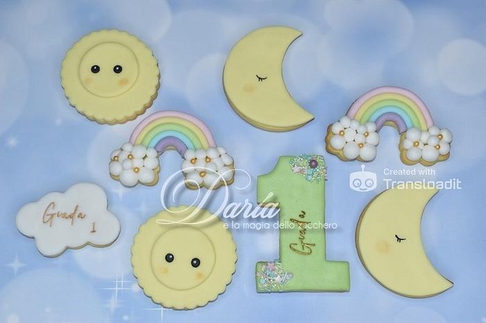 Rainbow, sun and moon cookies