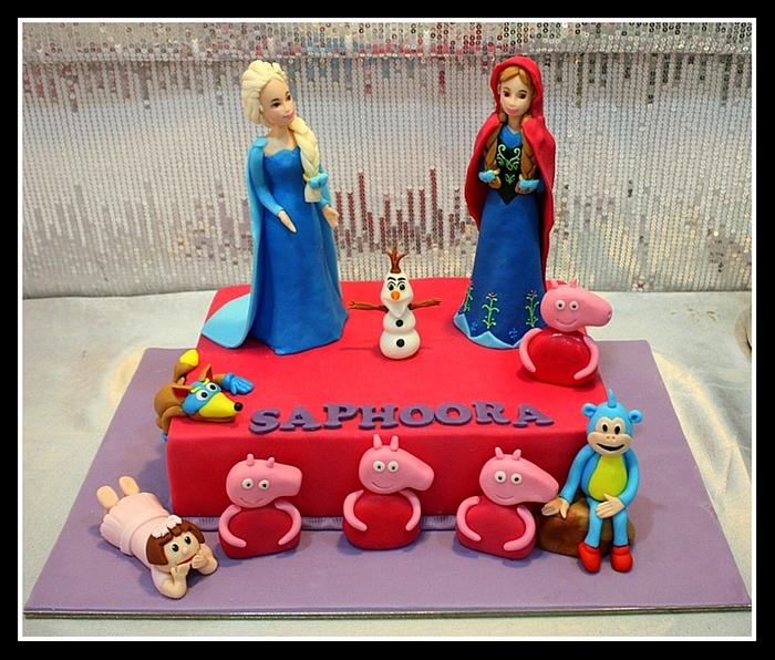Frozen, Dora and Peppa Pig themed cake