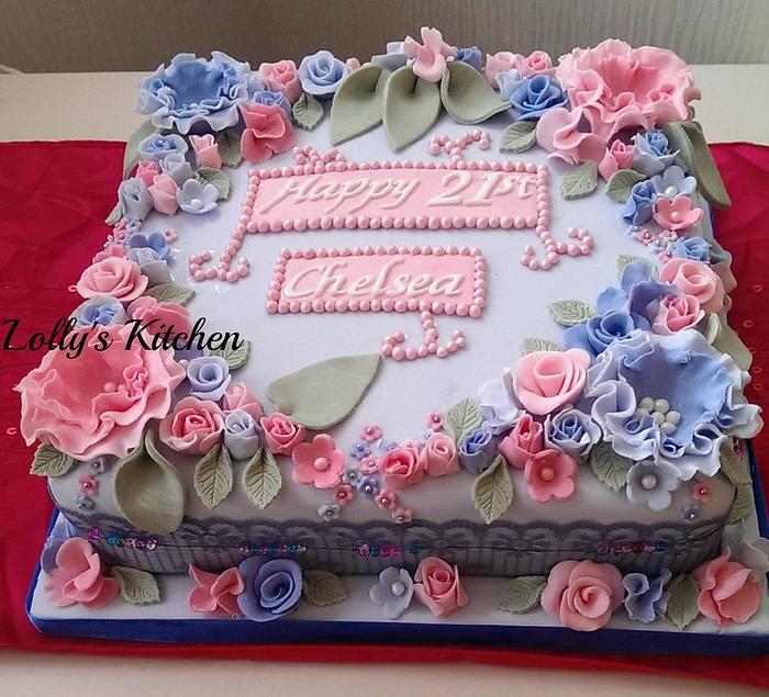 Pink and blue floral 21st birthday cake