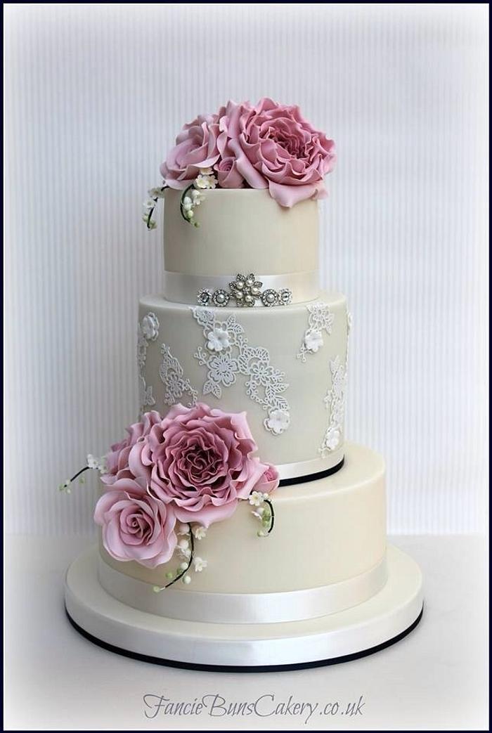Peony Roses & Lace Wedding Cake